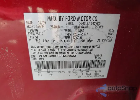 2009 Ford Edge Se из США, поврежденный, VIN 2FMDK36C39BA86622